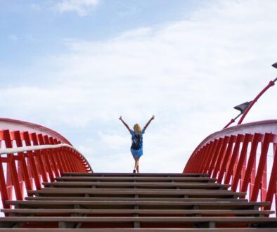 beautiful girl in a blue dress posing on the bridge