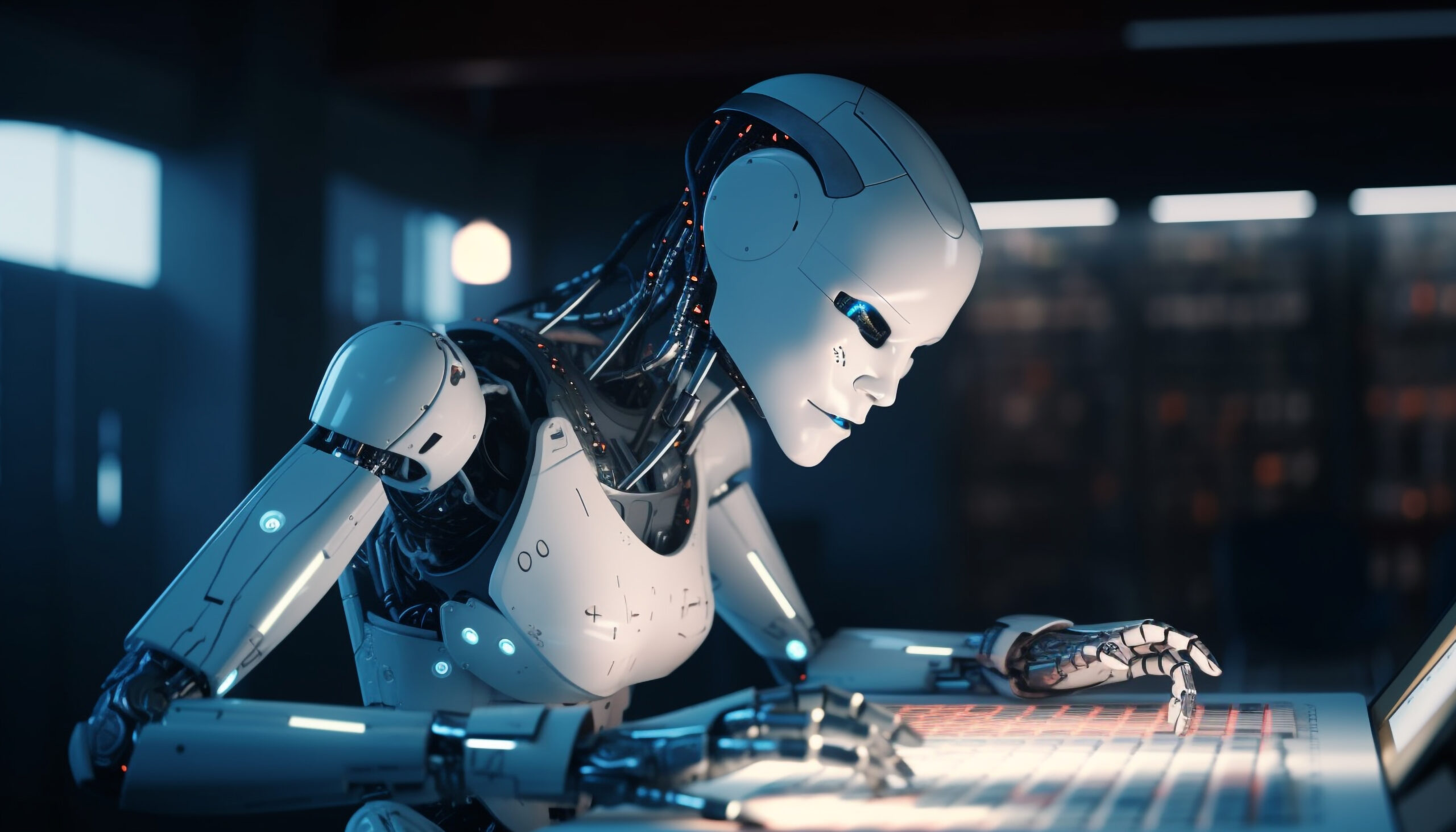 Standing cyborg oversees robotic arm manufacturing progress generated by AI Standing cyborg oversees robotic arm manufacturing progress generated by AI